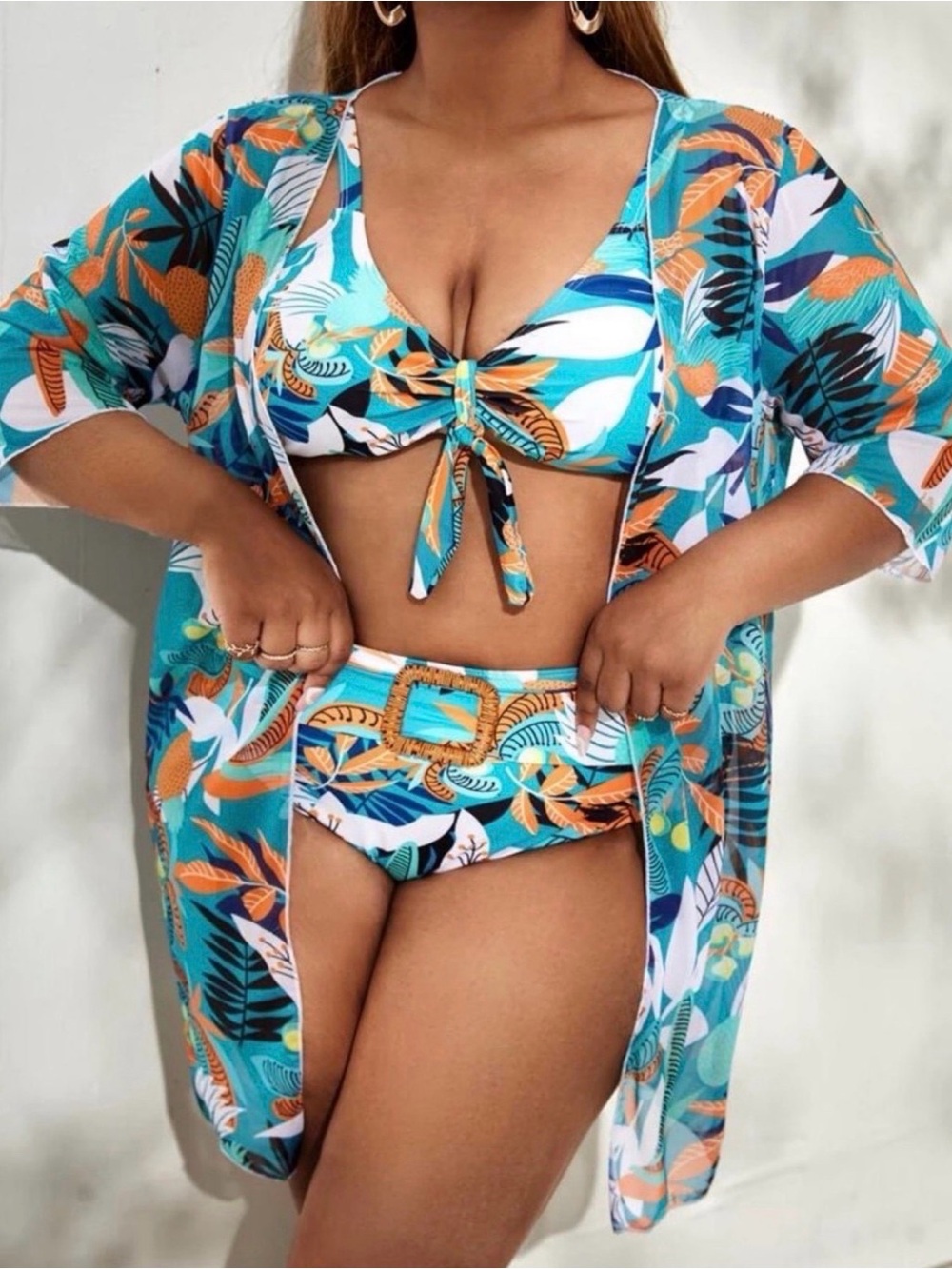 SHEIN Tropical Print Tie Front Bikini Swimsuit, 3 piece set